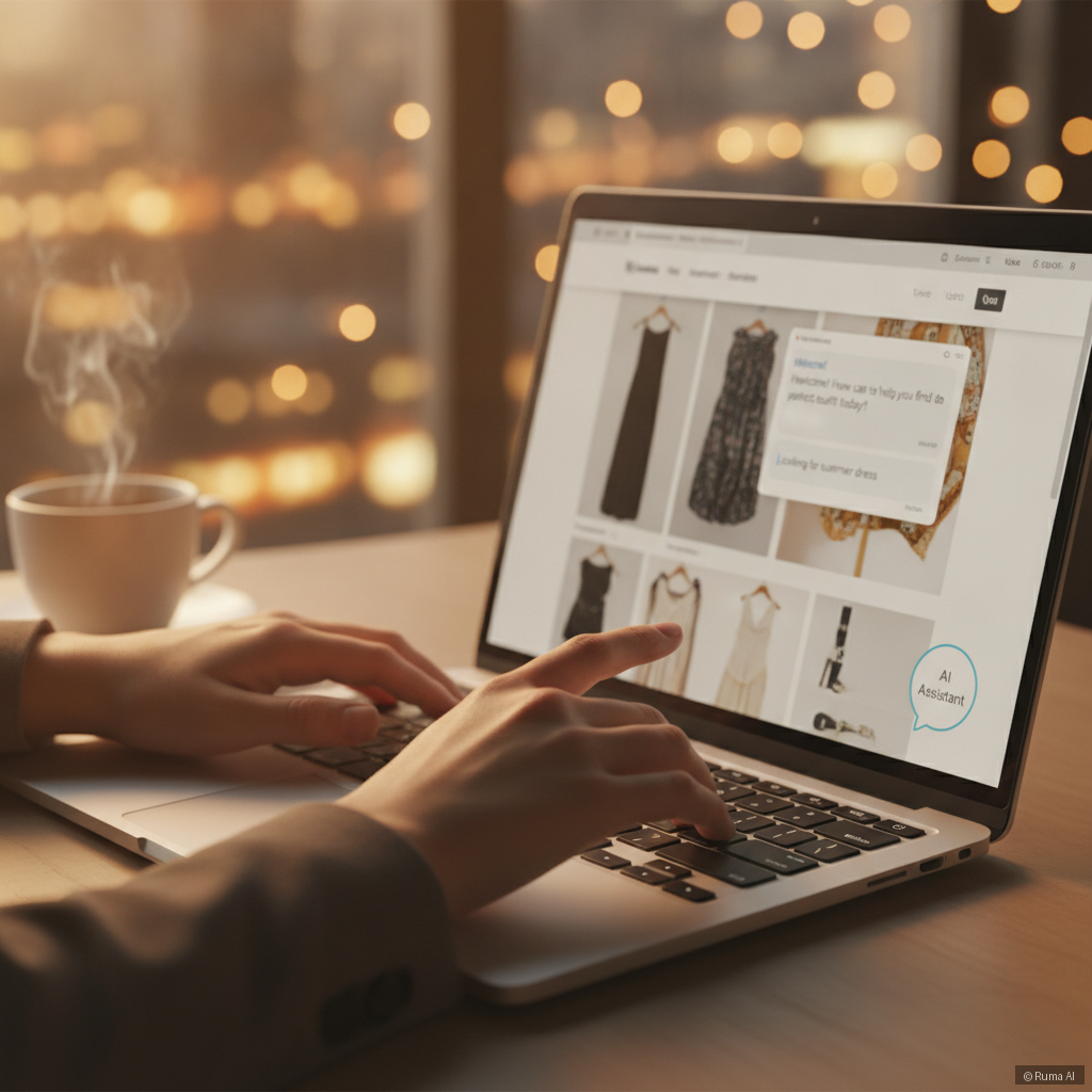 photorealistic close-up of a person's hands on a laptop reviewing an AI chat widget on an online store, warm golden ambient lighting, shallow depth of field bokeh background