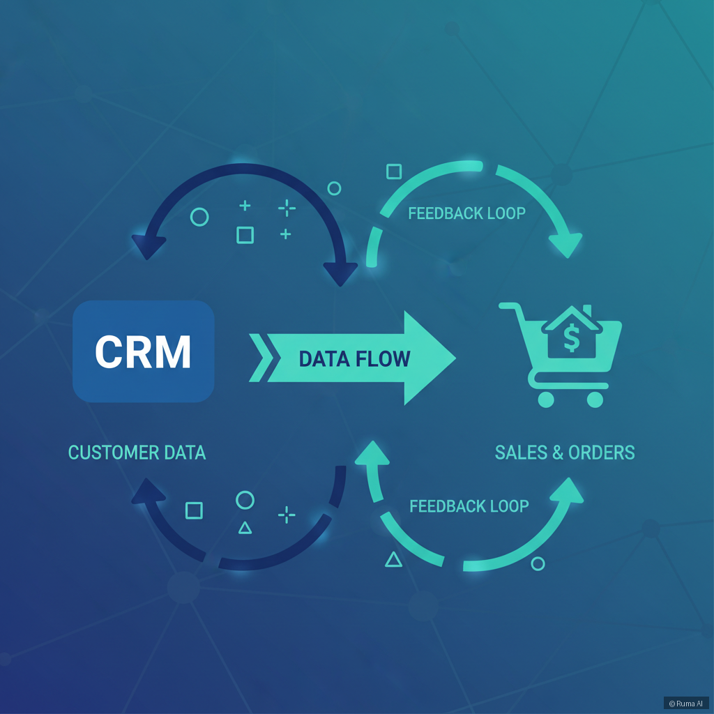 flat vector illustration of data flowing between a CRM system and an e-commerce store, deep blue and teal color palette, modern infographic style