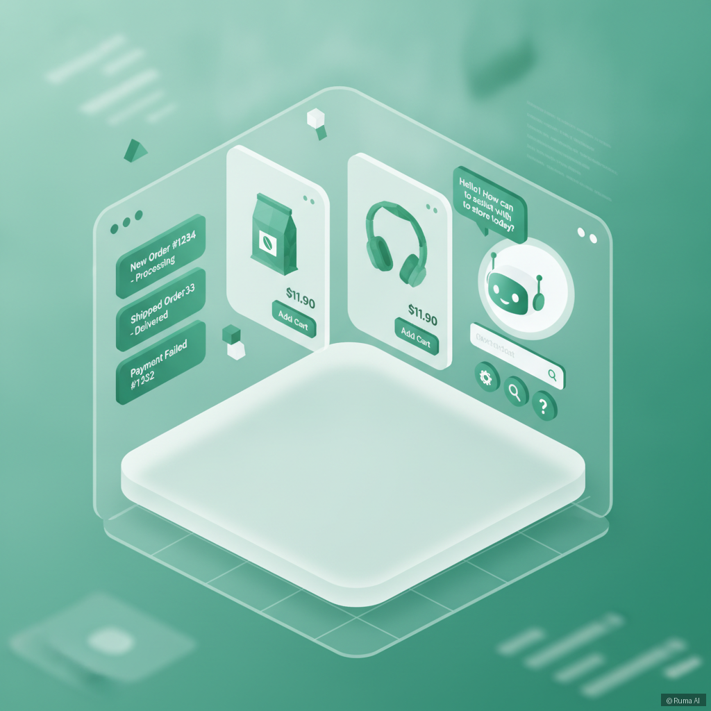isometric 3D illustration of a WooCommerce store dashboard with AI chatbot interface, emerald green and white color scheme, clean minimal design, floating product cards and order notifications