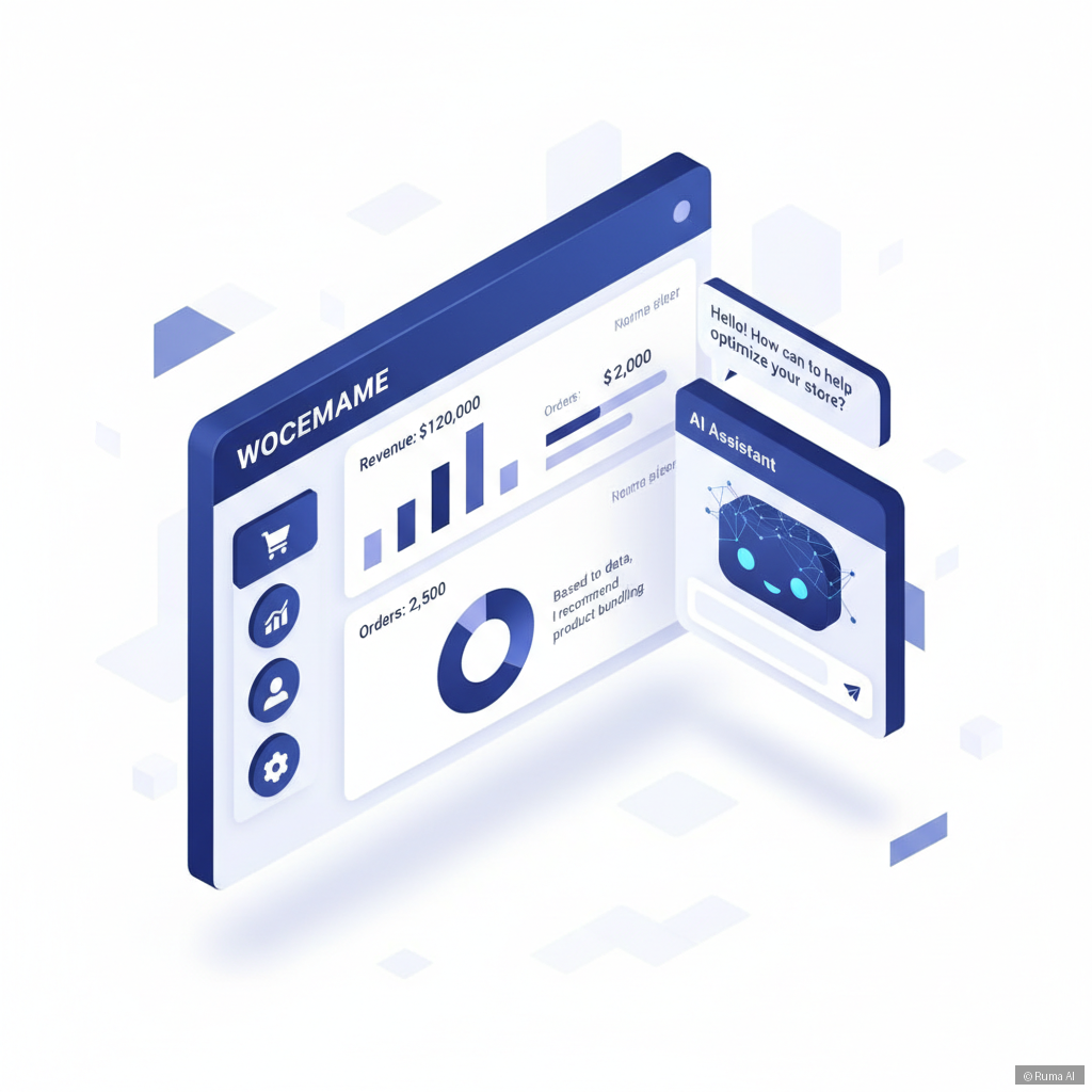 isometric 3D illustration of a WooCommerce store dashboard with AI chatbot assistant, deep blue and white color palette, clean minimal style