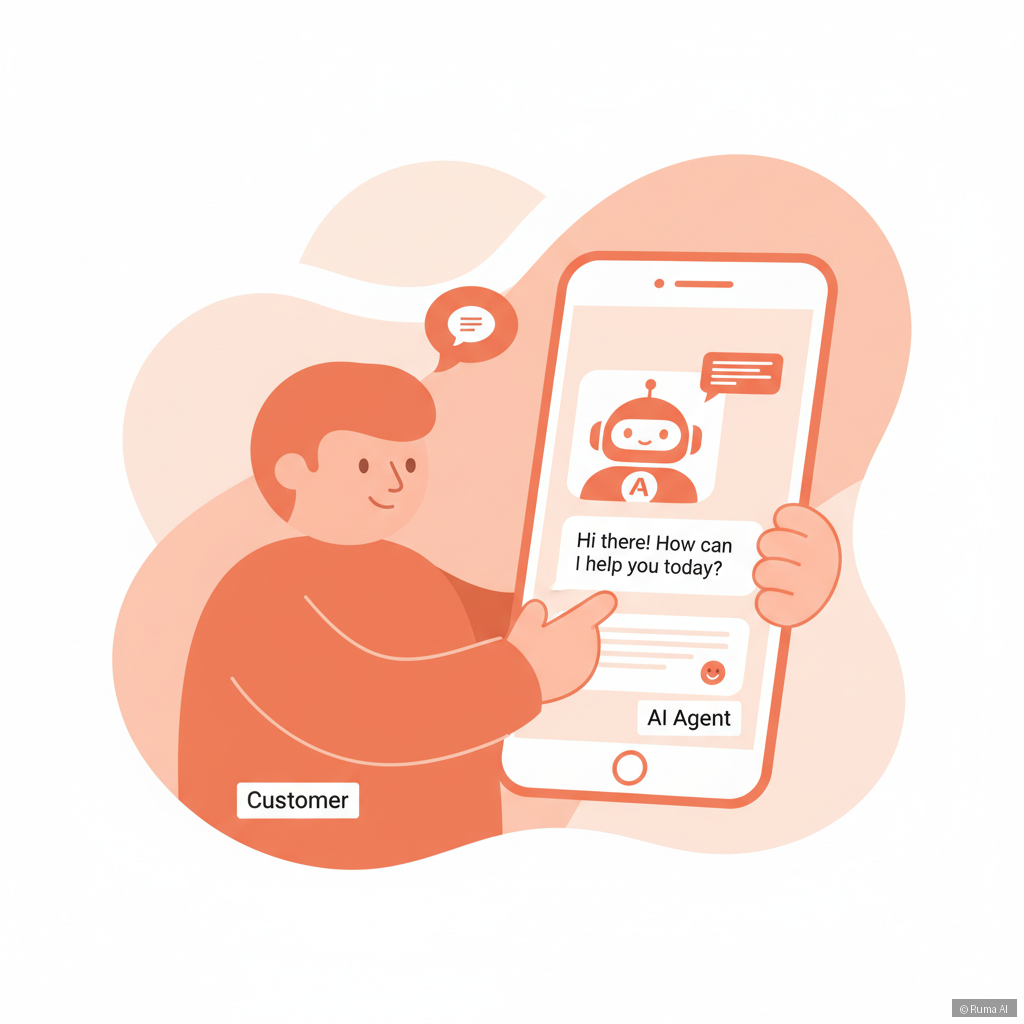 flat vector illustration of a customer chatting with an AI support agent on a mobile phone, warm coral and white color palette, friendly and approachable style