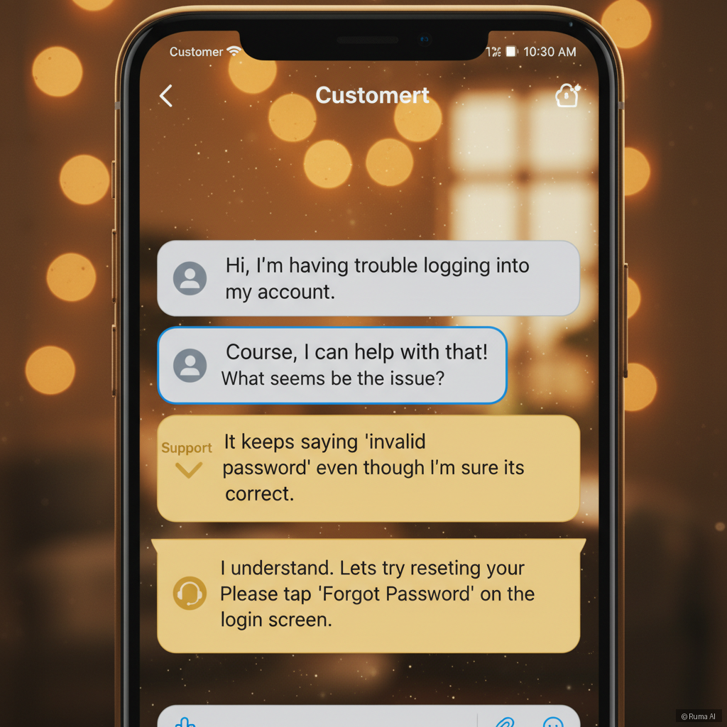 photorealistic close-up of a smartphone screen showing a customer support chat conversation with clear response boundaries, warm golden lighting, soft bokeh background