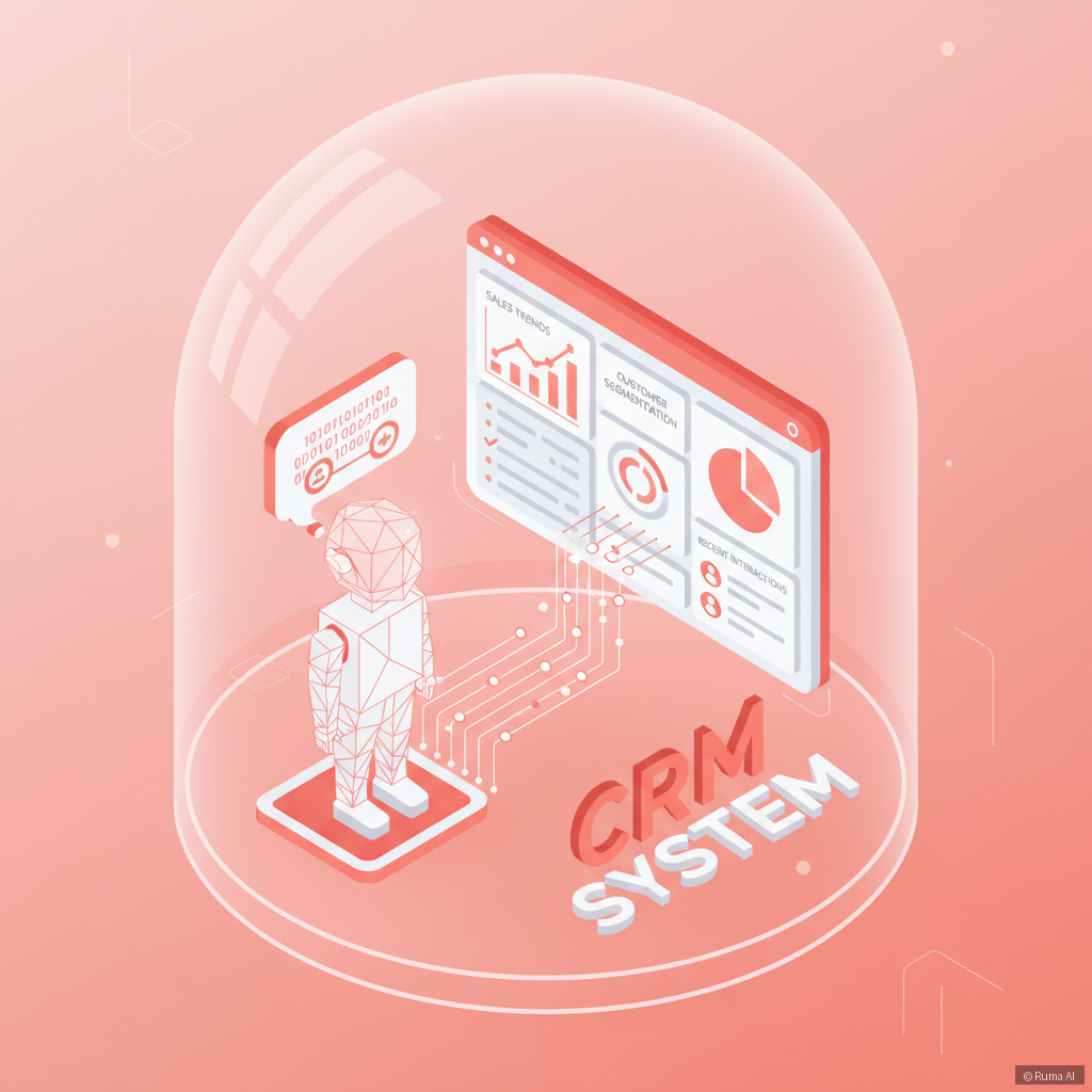 isometric 3D illustration of AI chatbot syncing data to CRM dashboard, coral and white color palette, clean and minimal design