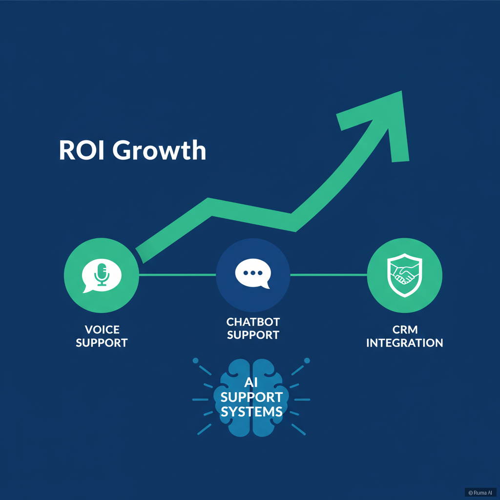 flat vector illustration of ROI growth chart connected to AI support icons like chat, voice, and CRM, deep blue and emerald green palette, infographic style