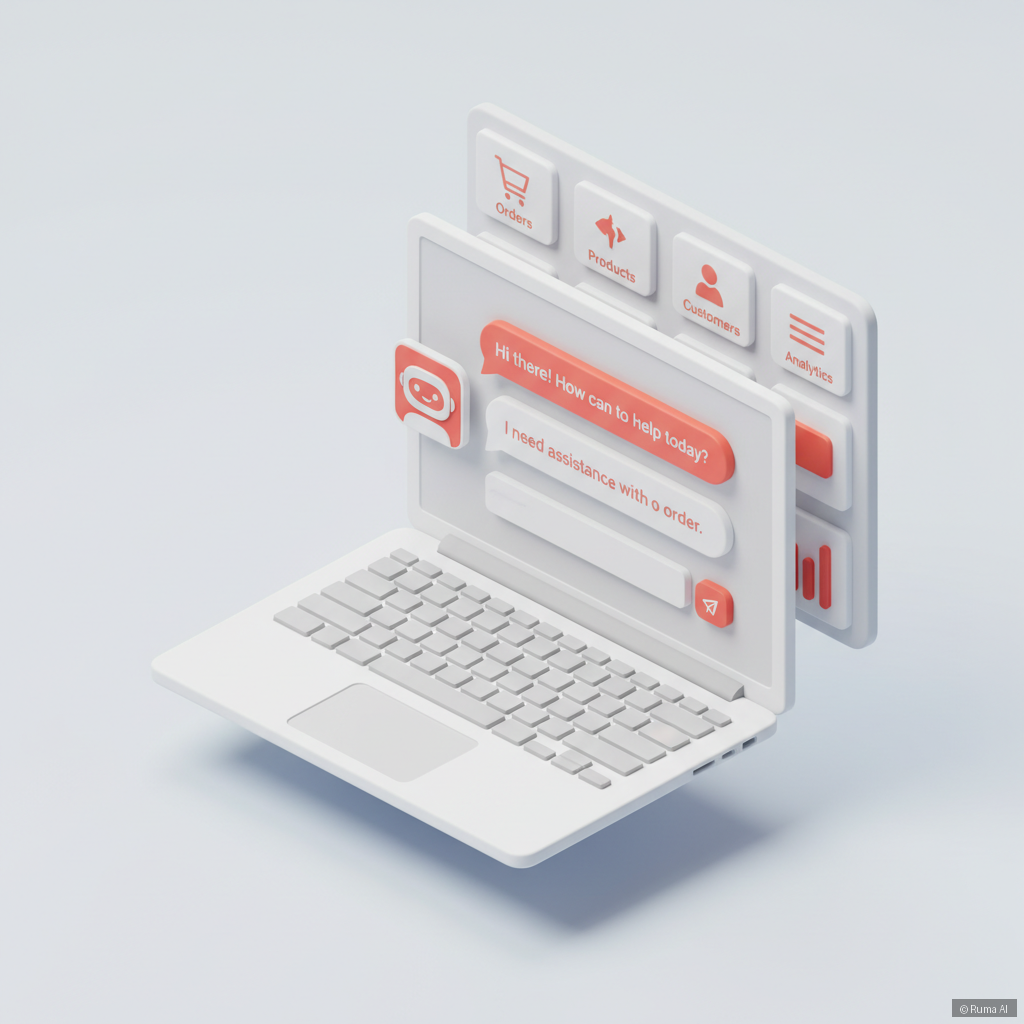 isometric 3D illustration of an AI chatbot interface on a laptop in an online store dashboard, coral and white color palette, clean and minimal style