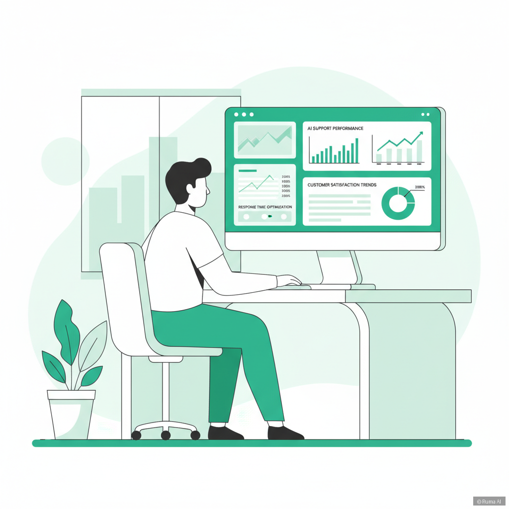 flat vector illustration of a small business owner reviewing AI support analytics dashboard on a wide monitor screen, emerald green and white color palette, modern minimal office setting