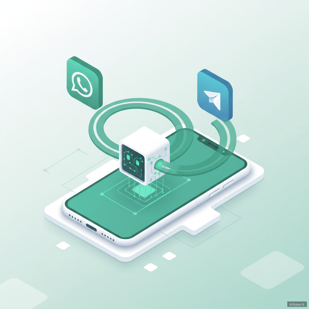 isometric 3D illustration of AI chatbot connected to WhatsApp and Telegram icons on a smartphone, emerald green and white color palette, clean minimal style