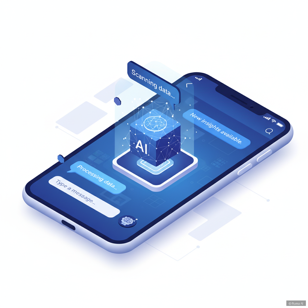 isometric 3D illustration of AI agent inside a smartphone messages app, deep blue and white color palette, clean modern design