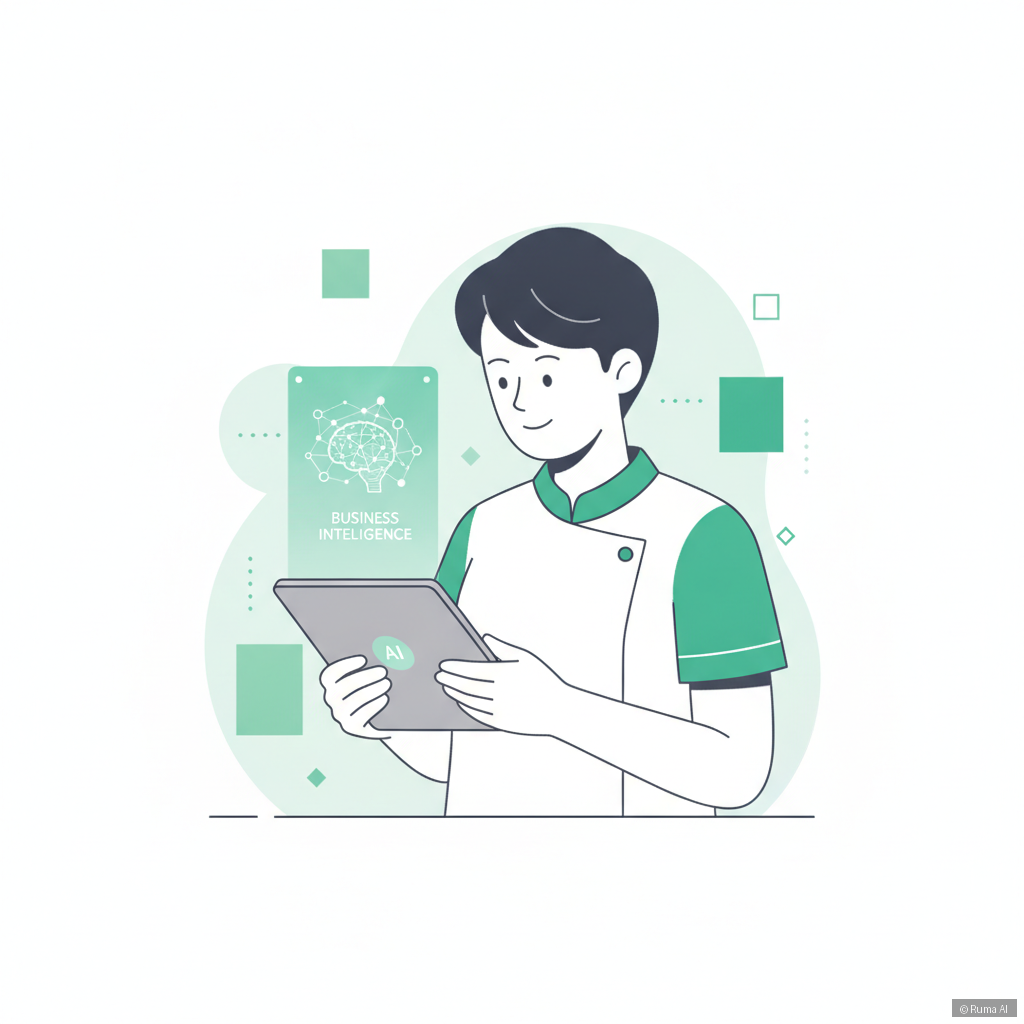 flat vector illustration of a small business owner looking at a glowing AI assistant interface on a tablet, emerald green and white color palette, modern minimalist style