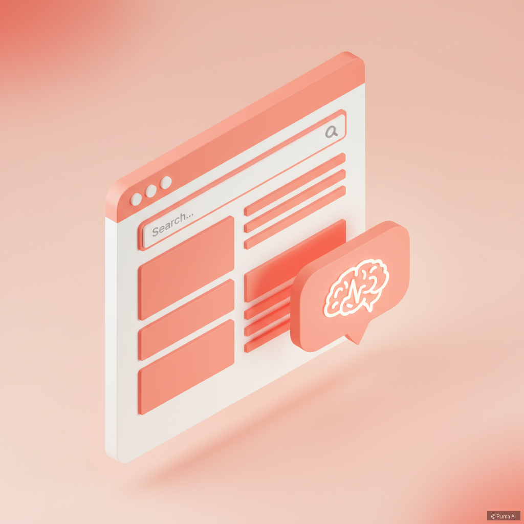 isometric 3D illustration of a glowing AI chatbot widget embedded in a modern website browser, coral and white color palette, clean minimal design