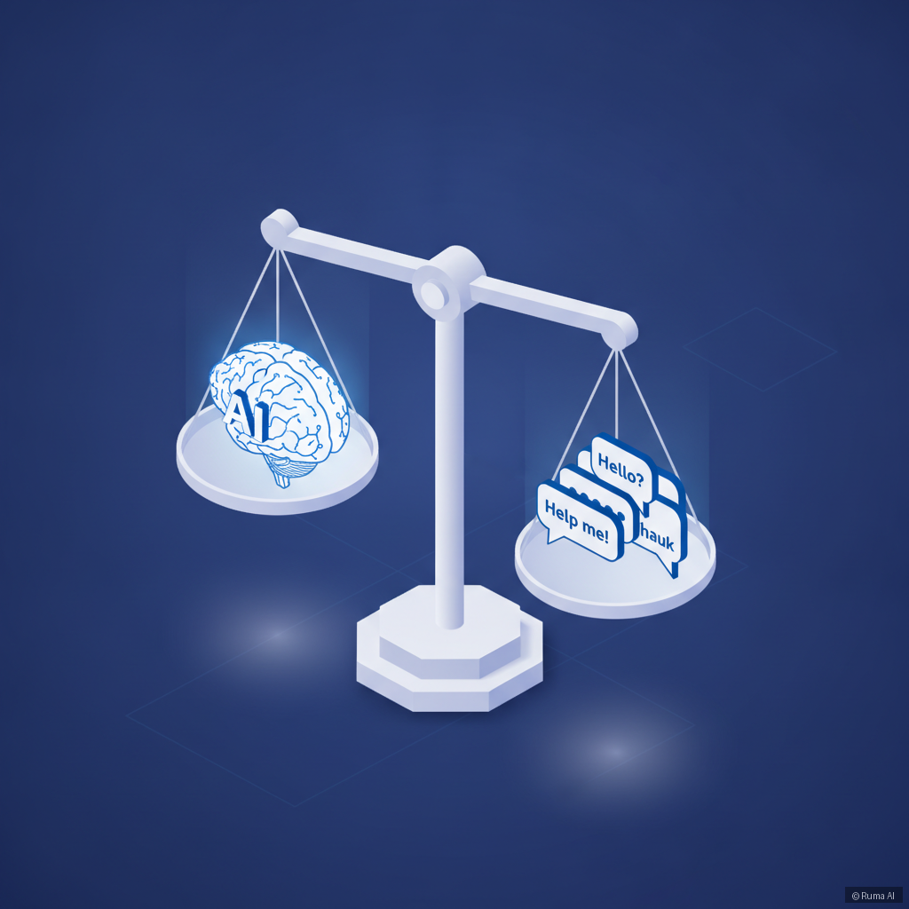 isometric 3D illustration of a balanced scale with AI brain on one side and customer chat bubbles on the other, deep blue and white color palette, clean minimal style