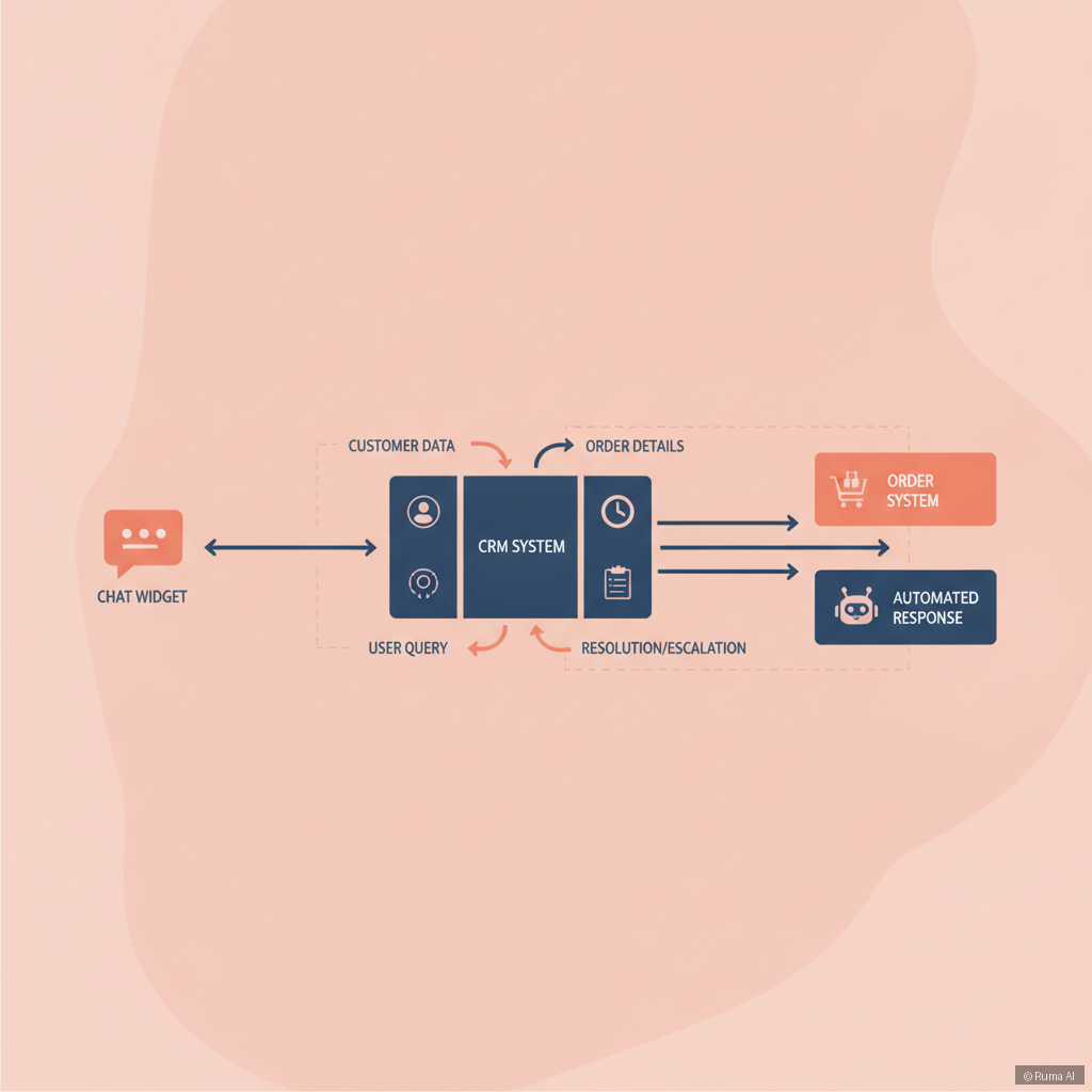 flat vector illustration of automated customer support workflow for e-commerce, data flowing from chat widget to CRM and order system, warm coral and deep blue color palette, clean infographic style