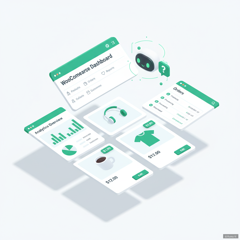 isometric 3D illustration of WooCommerce store dashboard with AI chatbot floating above product cards, emerald green and white color palette, clean minimal style