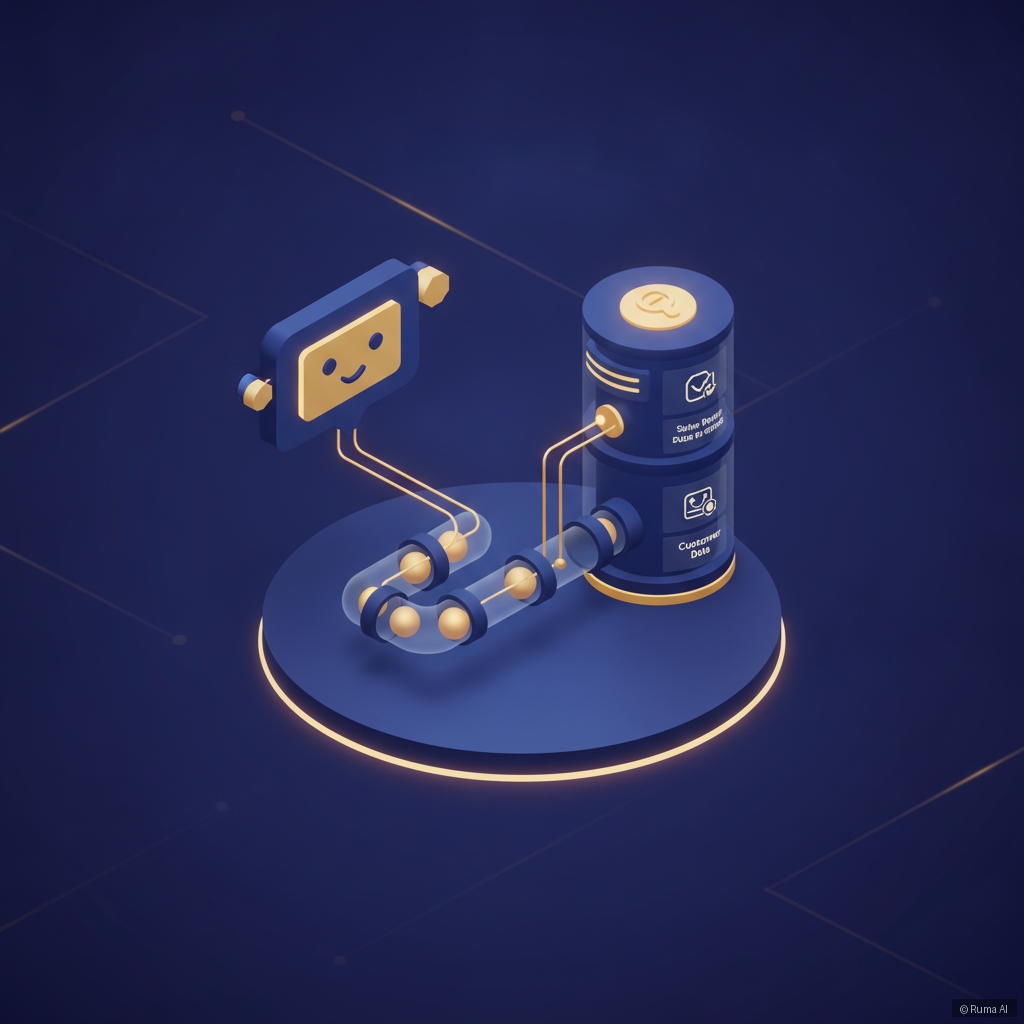 isometric 3D illustration of AI chatbot connecting to CRM pipeline with glowing data nodes, deep blue and gold color palette, clean minimal style