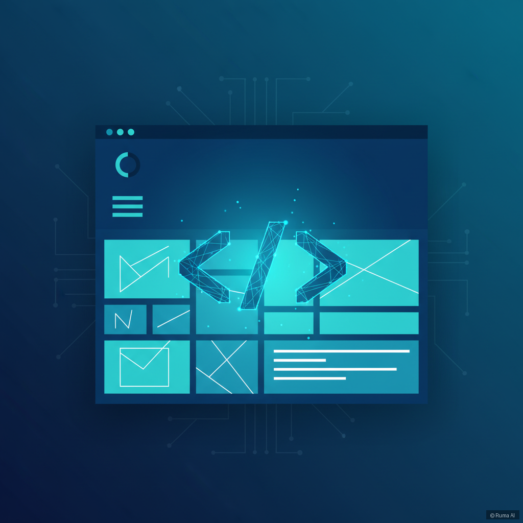 flat vector illustration of a single glowing code tag embedding into a modern website interface, deep blue and teal color palette, clean geometric shapes