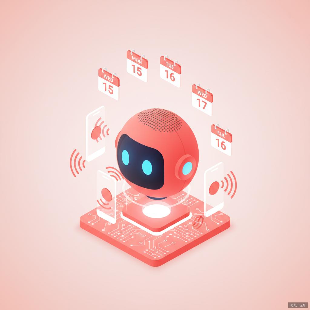 isometric 3D illustration of AI voice assistant answering phone calls, coral and white color palette, floating sound waves and calendar icons, clean minimal tech style