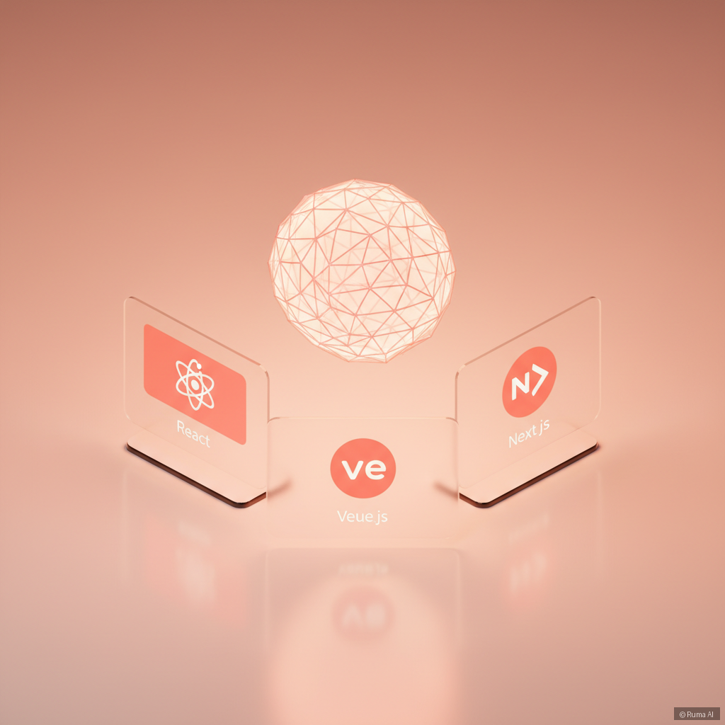 isometric 3D render of a glowing AI agent widget floating above multiple device screens showing React, Vue, and Next.js logos, warm coral and white color scheme, modern and minimal