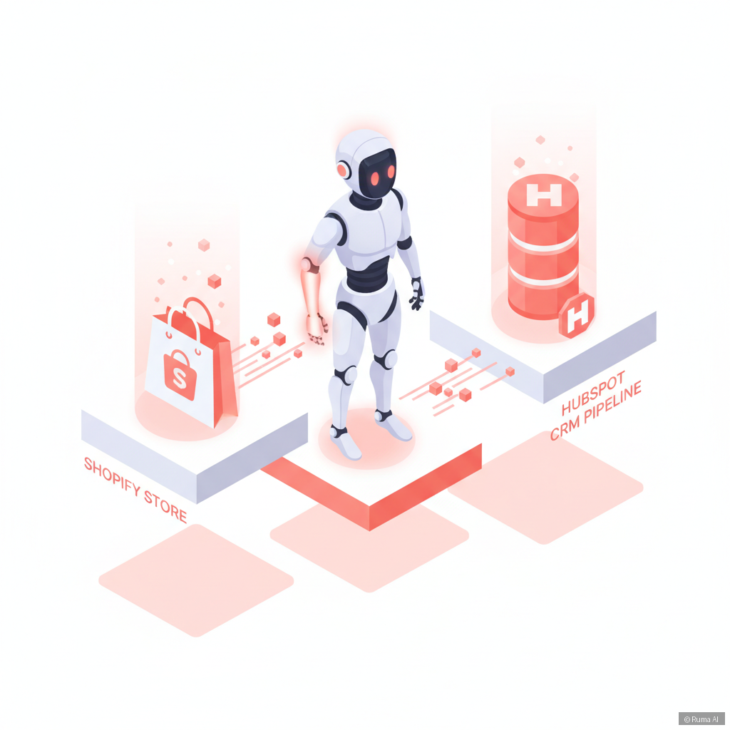 isometric 3D illustration of AI agent connecting Shopify store to HubSpot CRM pipeline, coral and white color palette, clean minimal tech aesthetic