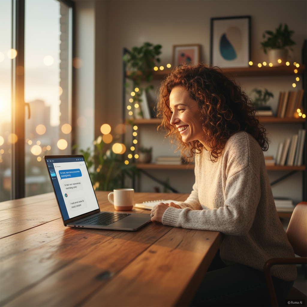 photorealistic small business owner smiling at laptop with AI chat interface open, warm golden lighting, bokeh background, modern home office setting