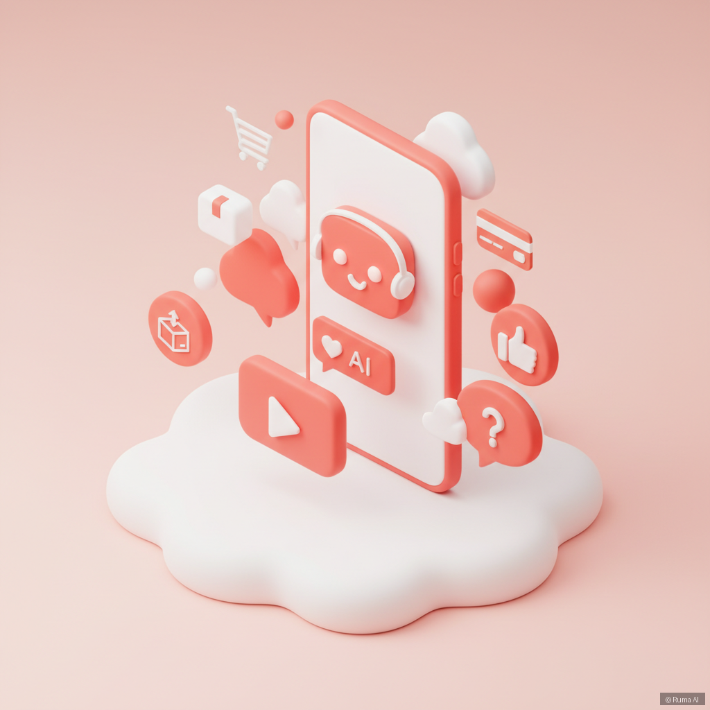 isometric 3D illustration of AI phone support for e-commerce, coral and white color scheme, clean minimal style with floating order icons and a smartphone