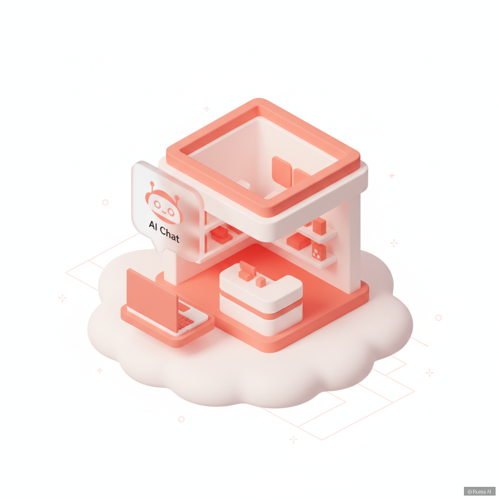 isometric 3D illustration of a Shopify storefront with AI chatbot bubble floating above a laptop, coral and white color palette, clean minimal style