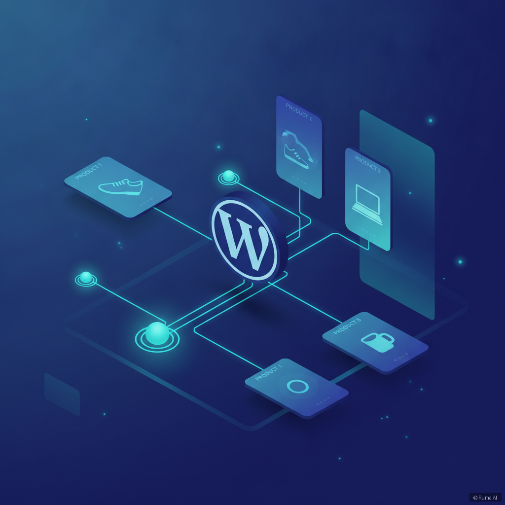 isometric 3D illustration of WordPress logo connected to glowing AI nodes and e-commerce product cards, deep blue and electric teal color palette, clean minimal style