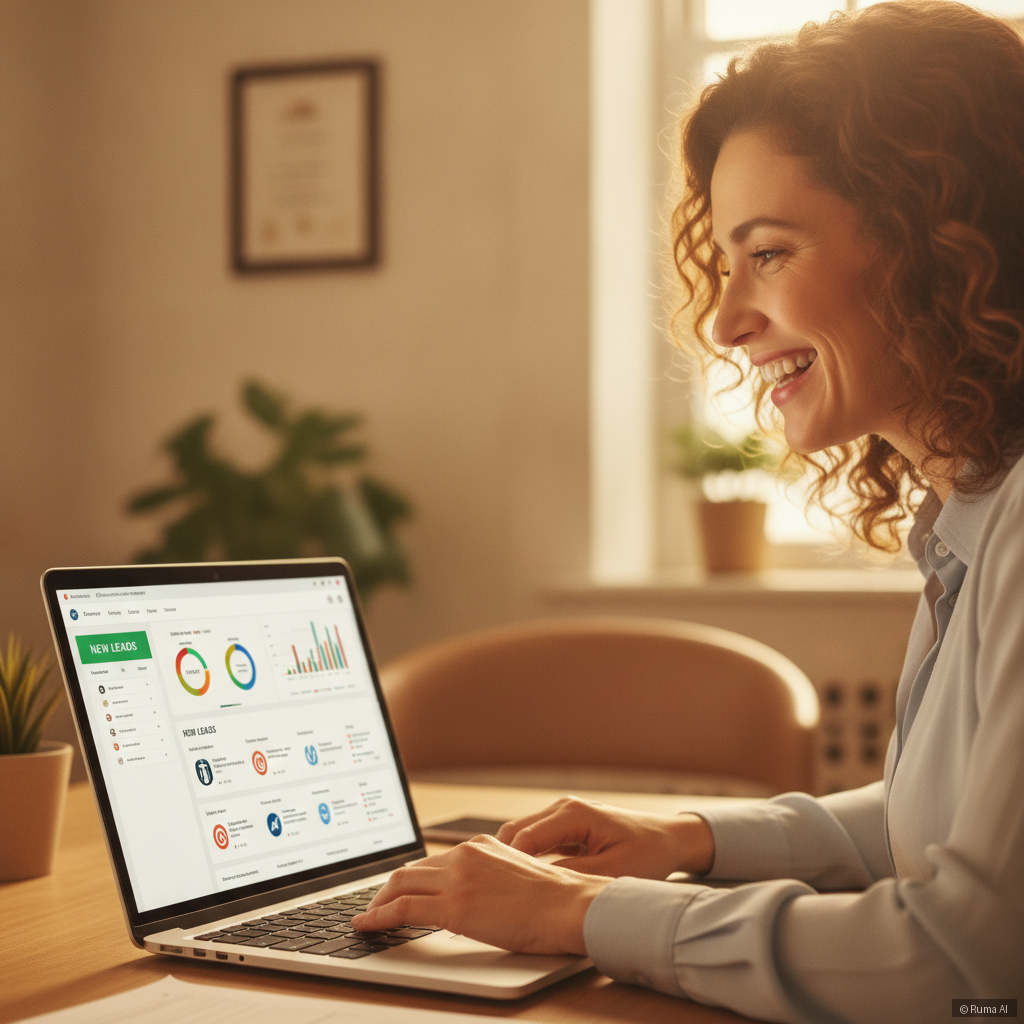 photorealistic small business owner smiling at laptop screen showing CRM dashboard with new leads, warm golden office lighting, shallow depth of field