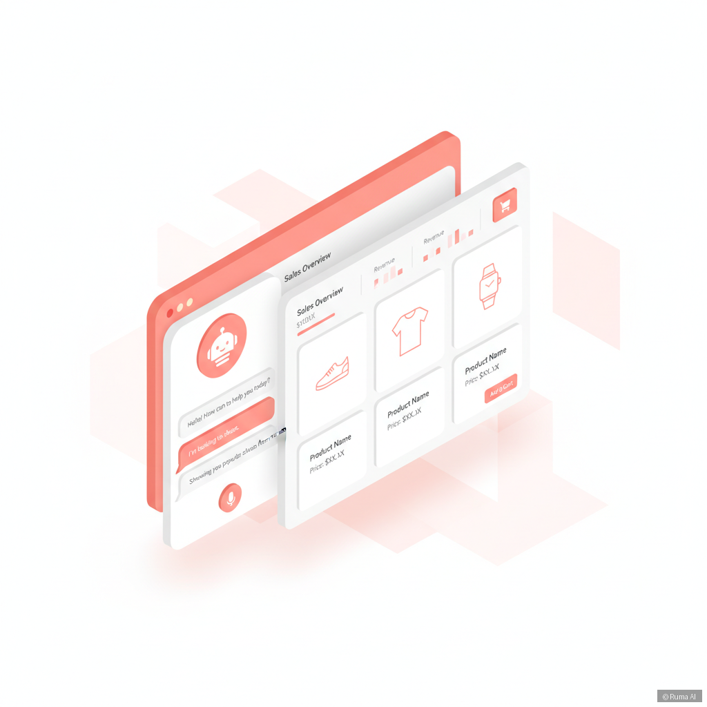 isometric 3D illustration of a WordPress chatbot interface integrated with a WooCommerce store dashboard, coral and white color palette, clean minimal style, product cards visible on screen