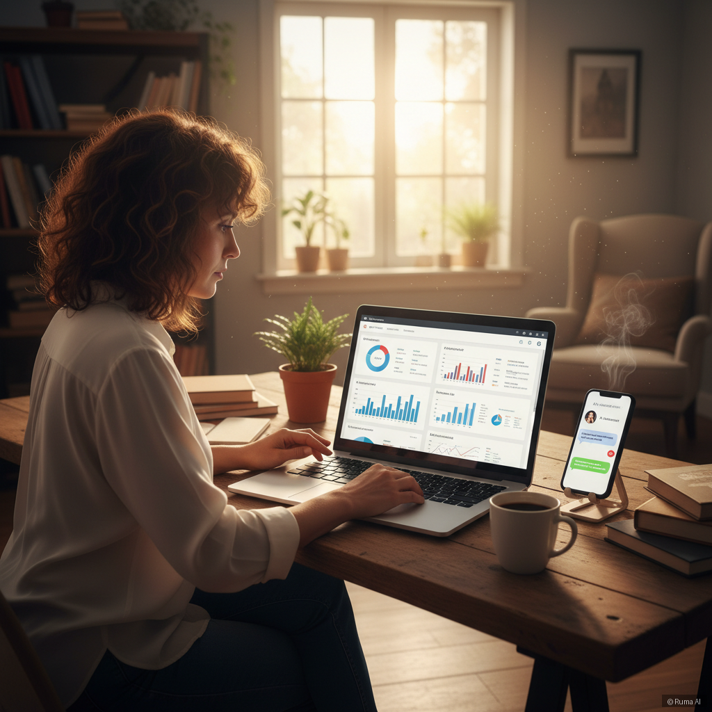 photorealistic wide shot of a small business owner reviewing CRM dashboard on laptop with AI chat notifications on phone screen beside it, warm golden morning light, cozy home office setting