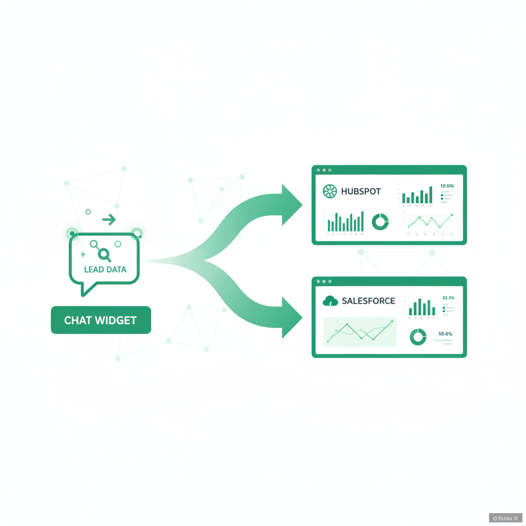 flat vector illustration of lead data flowing from chat widget into HubSpot and Salesforce dashboards, emerald green and white palette, infographic style