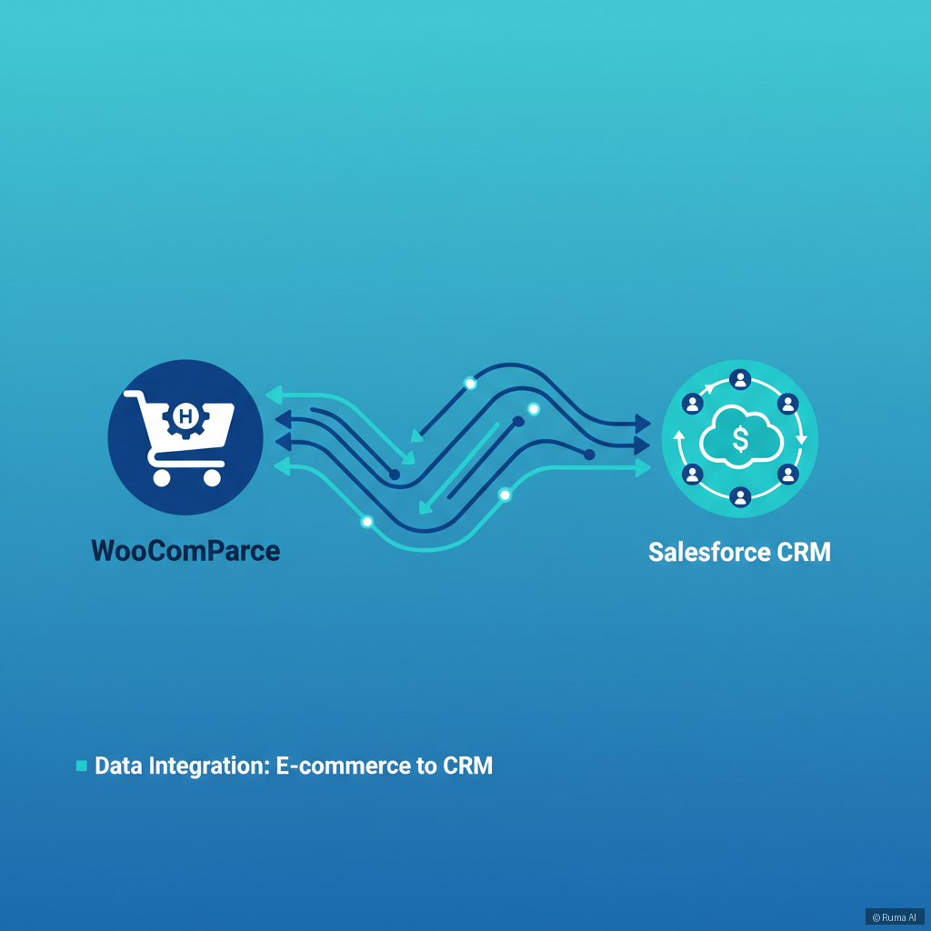 flat vector illustration of data flowing from WooCommerce cart into CRM systems like HubSpot and Salesforce, deep blue and teal color palette, infographic style