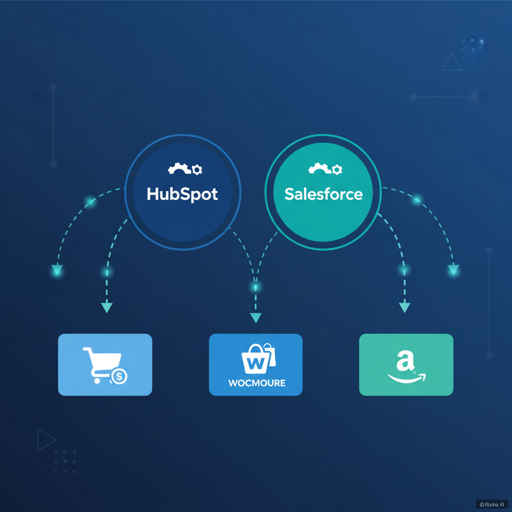 flat vector illustration of data flowing between CRM and e-commerce platform icons, deep blue and teal color palette, clean minimal style