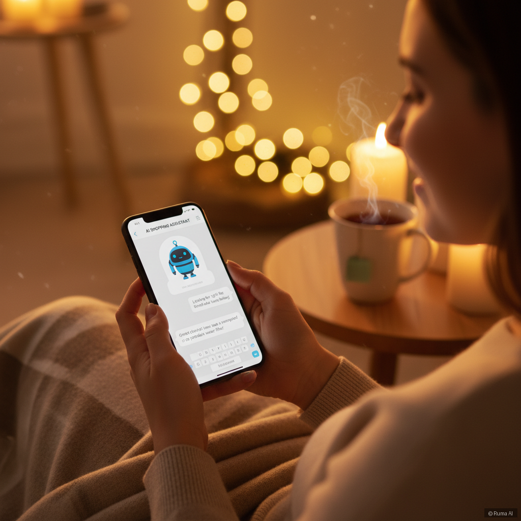 photorealistic close-up of a person using a smartphone to chat with an AI shopping assistant, warm golden ambient lighting, bokeh background, cozy evening setting