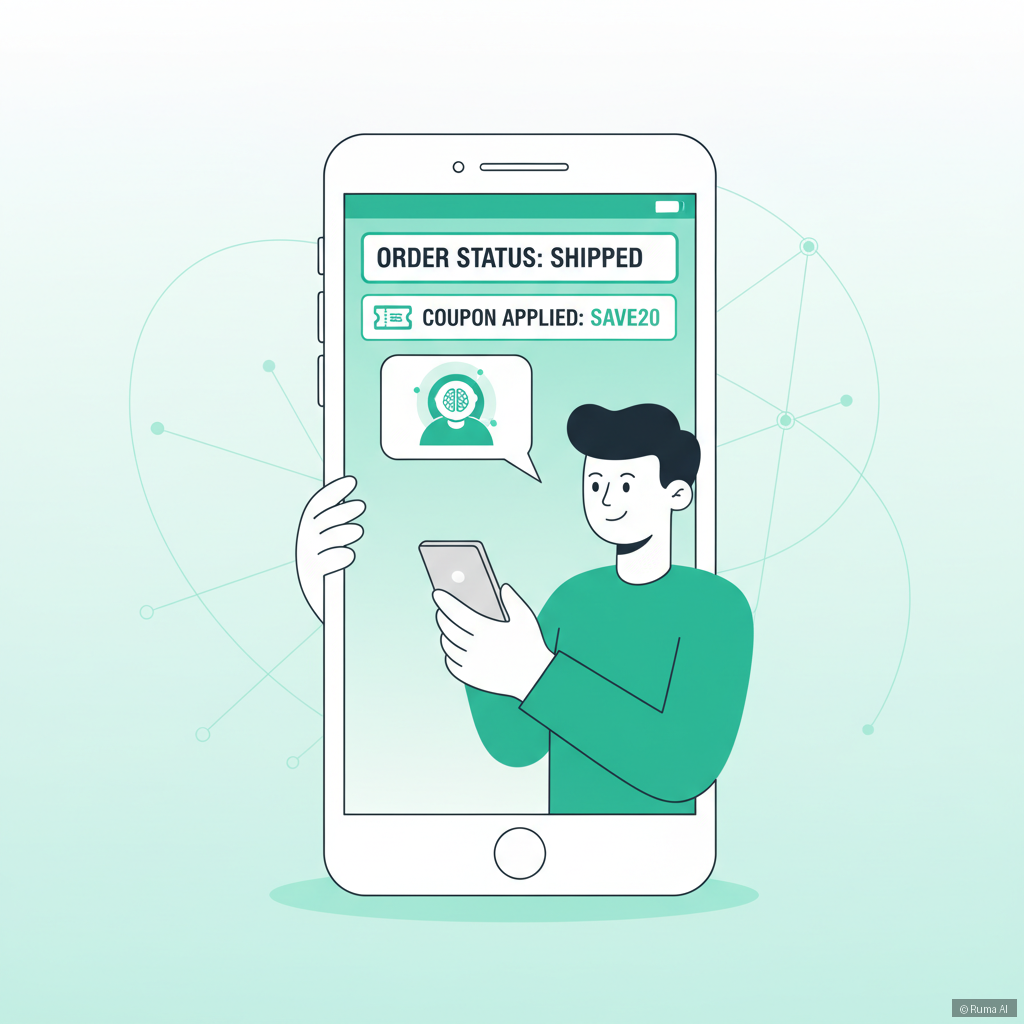 flat vector illustration of a customer chatting with an AI agent on mobile phone, emerald green and white palette, showing order status and coupon applied, modern and clean