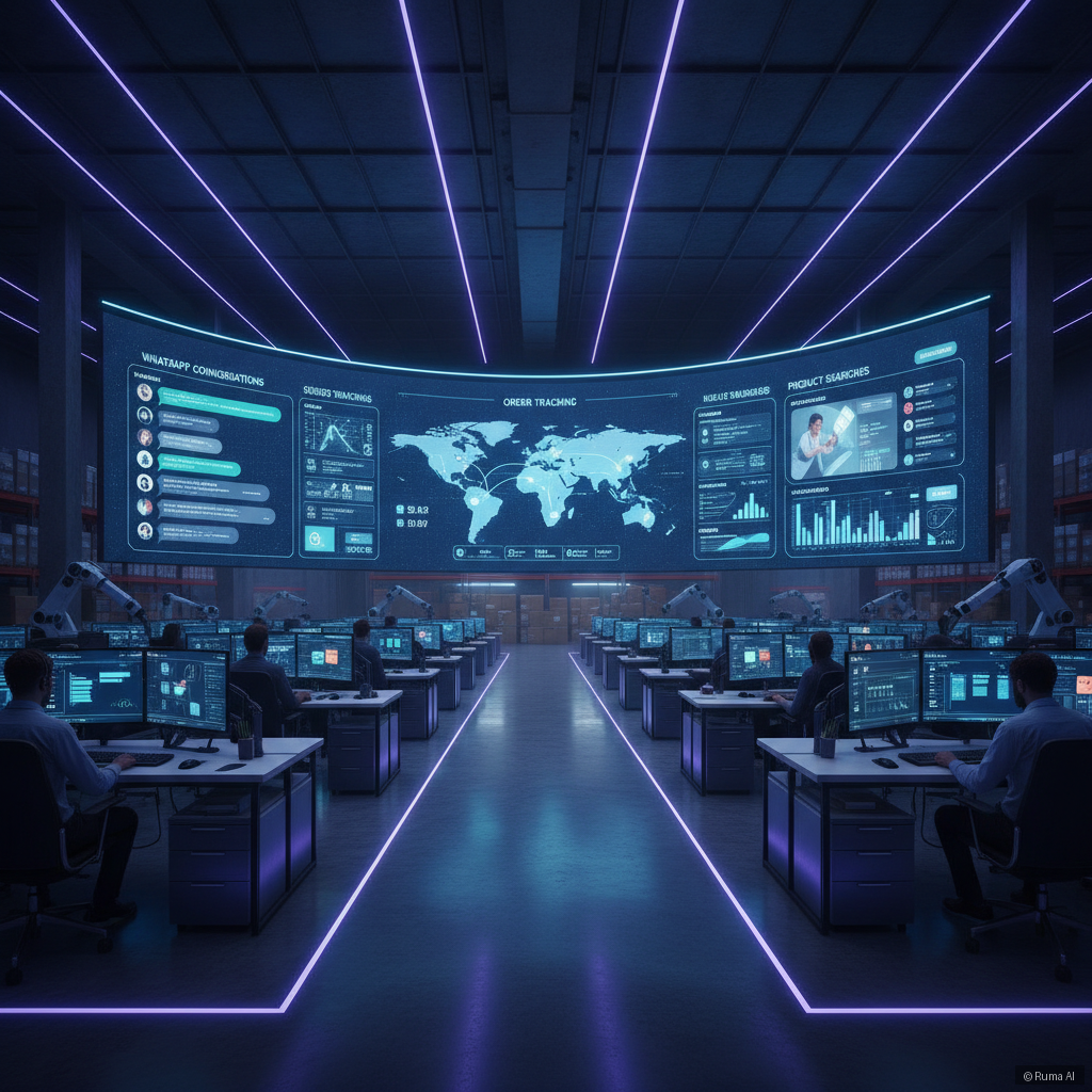 wide shot of modern e-commerce operations center with AI dashboard showing WhatsApp conversations, order tracking, and product searches on large screens, deep blue and violet accent lighting, photorealistic style