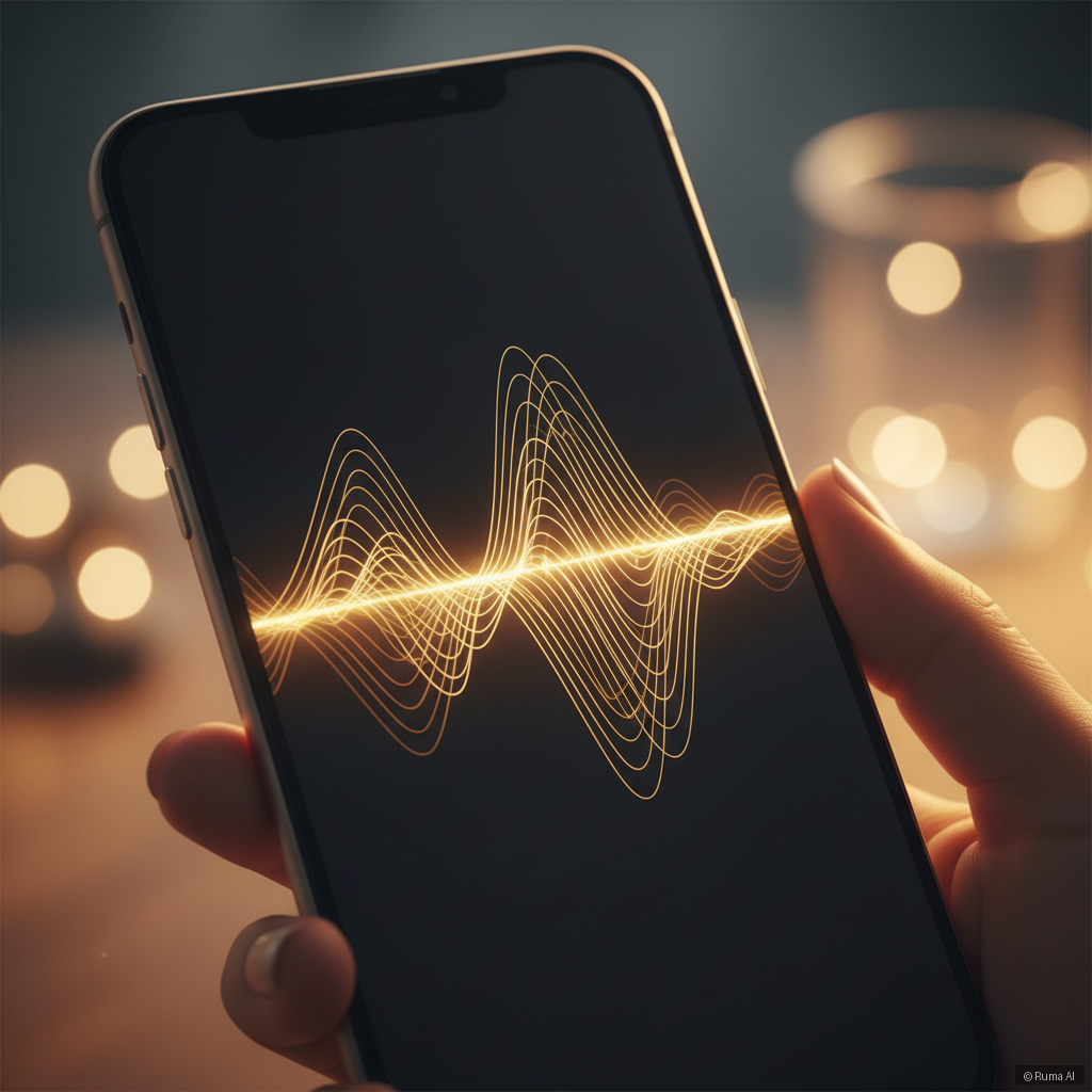 photorealistic close-up of a smartphone screen showing an AI voice assistant waveform animation, warm golden lighting, soft bokeh background, professional and modern feel