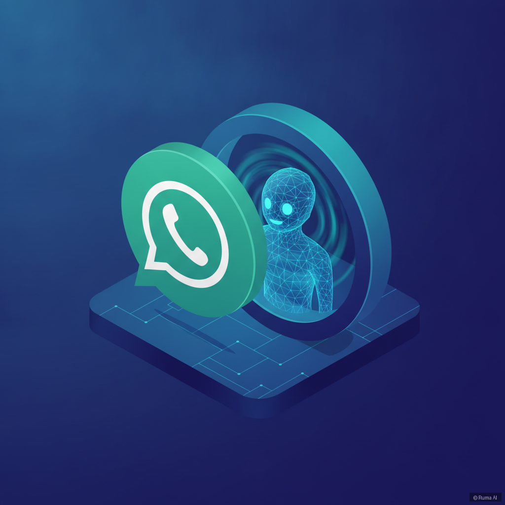 isometric 3D illustration of WhatsApp logo opening like a door with AI chatbot emerging, deep blue and teal color palette, clean minimal style
