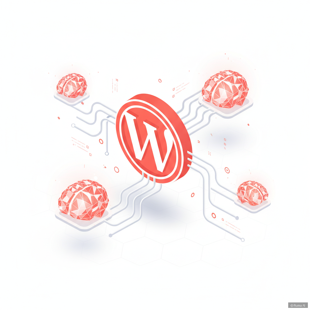 isometric 3D illustration of WordPress logo connected to AI brain nodes, coral and white color palette, clean minimal tech style