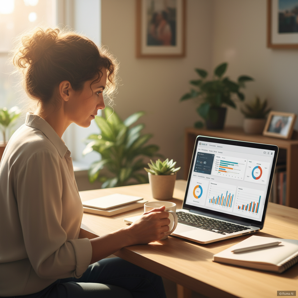 photorealistic scene of a small business owner checking CRM dashboard on laptop at a modern desk, warm golden morning light, bokeh background