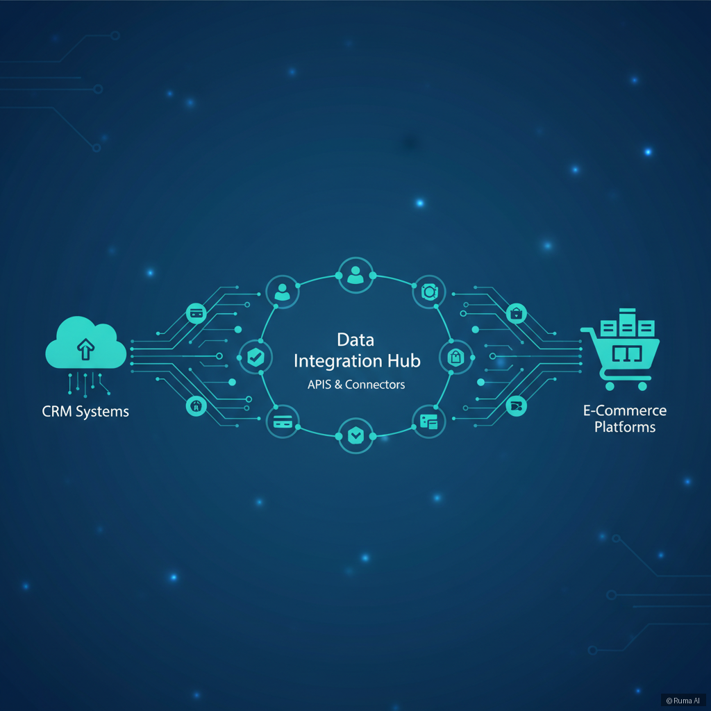flat vector illustration of data flowing between CRM systems and e-commerce platforms, deep blue and teal color palette, clean infographic style