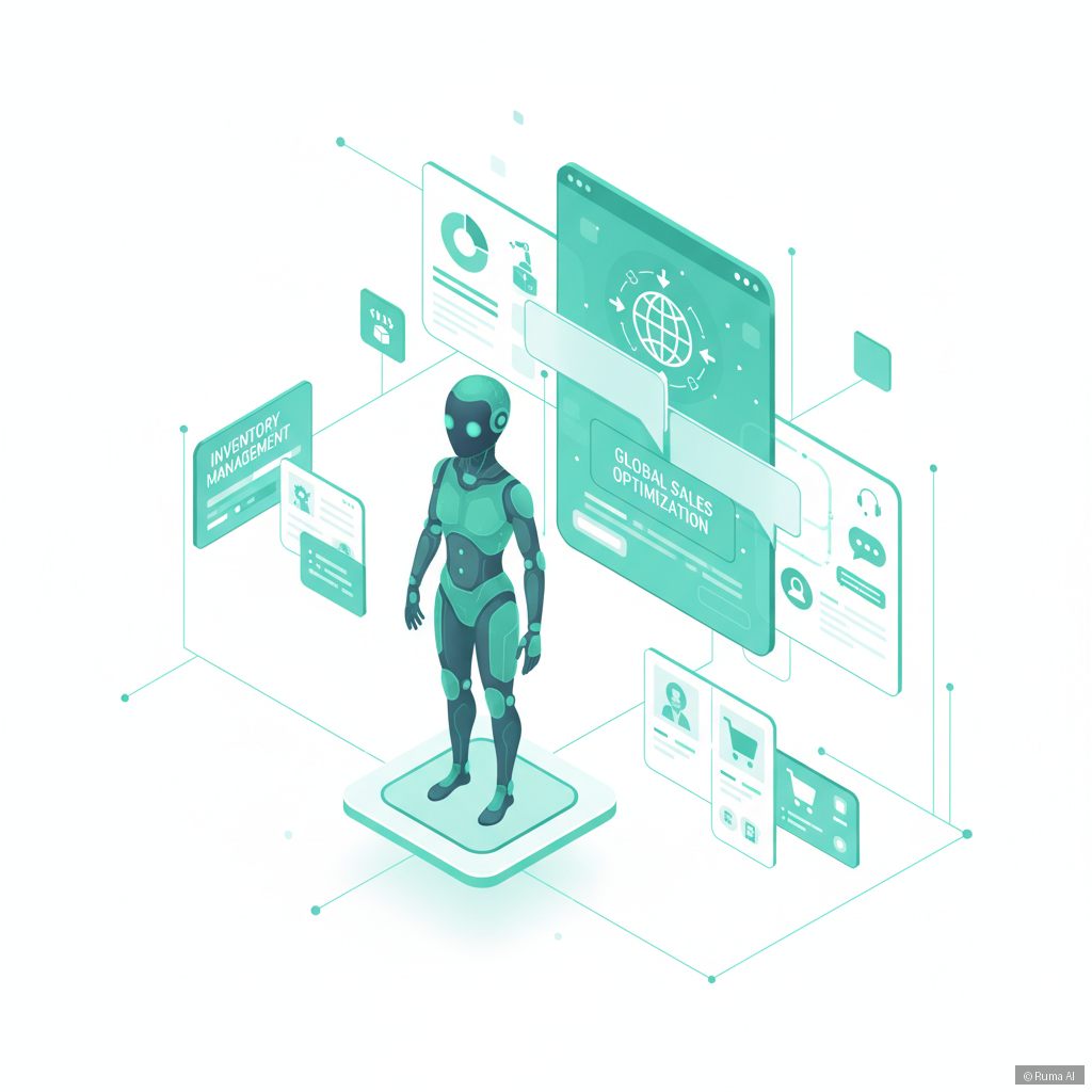 isometric 3D illustration of an AI agent managing e-commerce tasks on a floating dashboard, emerald green and white color palette, clean and modern