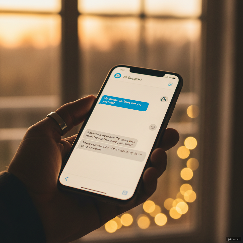 photorealistic hand holding a phone showing a WhatsApp conversation with an AI support agent, warm golden lighting, shallow depth of field bokeh background