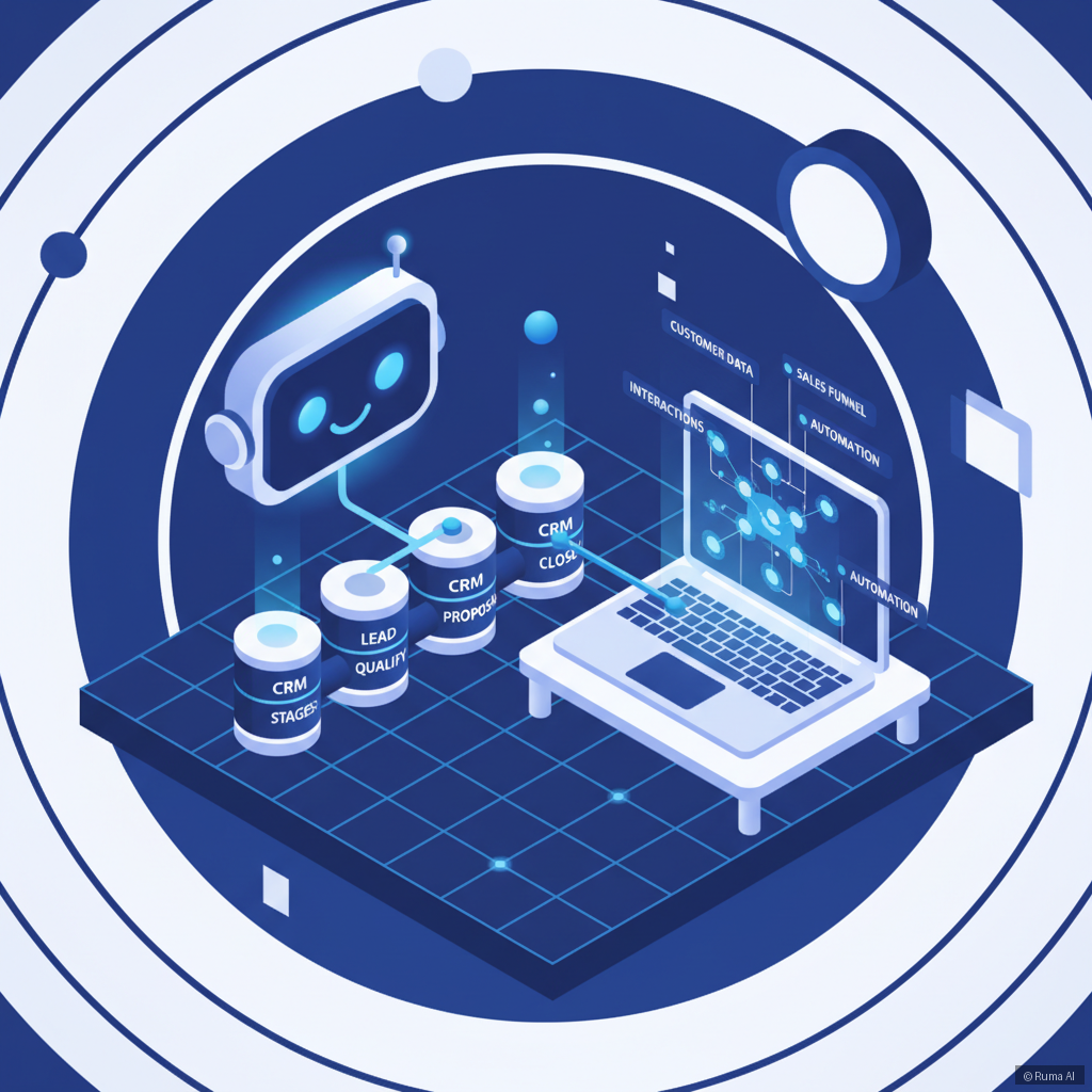 isometric 3D illustration of AI chatbot connected to CRM pipeline, deep blue and white color scheme, data flowing through glowing nodes on a laptop screen
