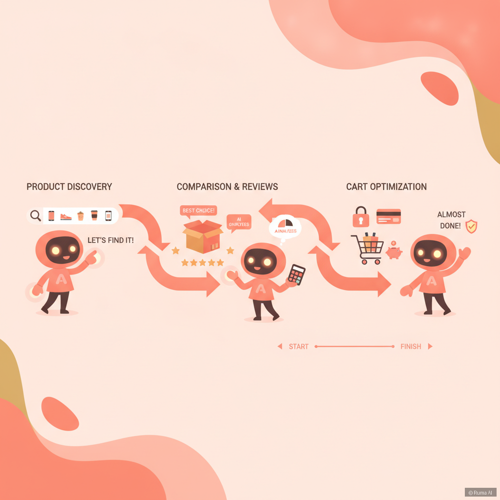 flat vector illustration of customer journey from product search to checkout with AI assistant guiding each step, warm coral and gold color palette, infographic style