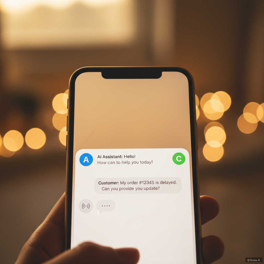 photorealistic close-up of a smartphone screen showing a live AI chat conversation with a customer support agent, warm golden ambient lighting, soft bokeh background