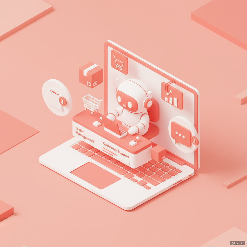 isometric 3D illustration of AI agent managing e-commerce store operations on a laptop screen, coral and white color palette, clean minimal design with floating order and chat icons