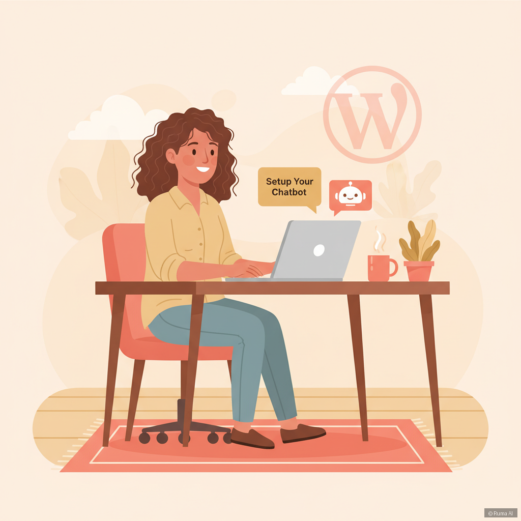 flat vector illustration of a small business owner setting up a chatbot on a laptop, warm coral and gold color palette, friendly and approachable style with WordPress logo subtly in background