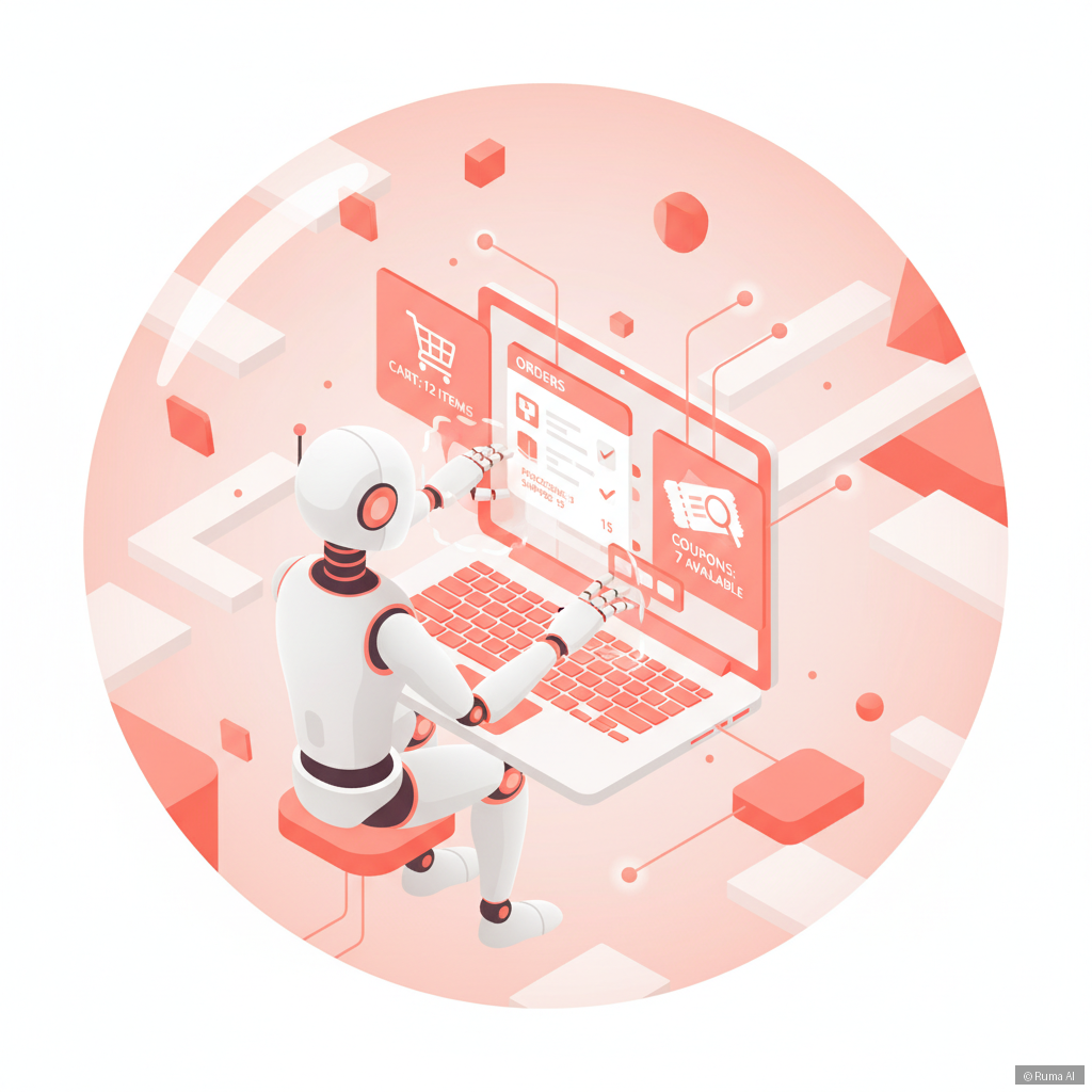 isometric 3D illustration of AI agent autonomously managing e-commerce cart, orders, and coupons on a laptop, coral and white color palette, clean minimal style