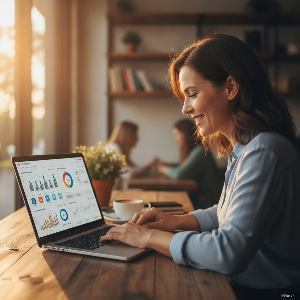 photorealistic small business owner smiling while reviewing AI call dashboard on laptop, warm golden hour lighting, soft bokeh background
