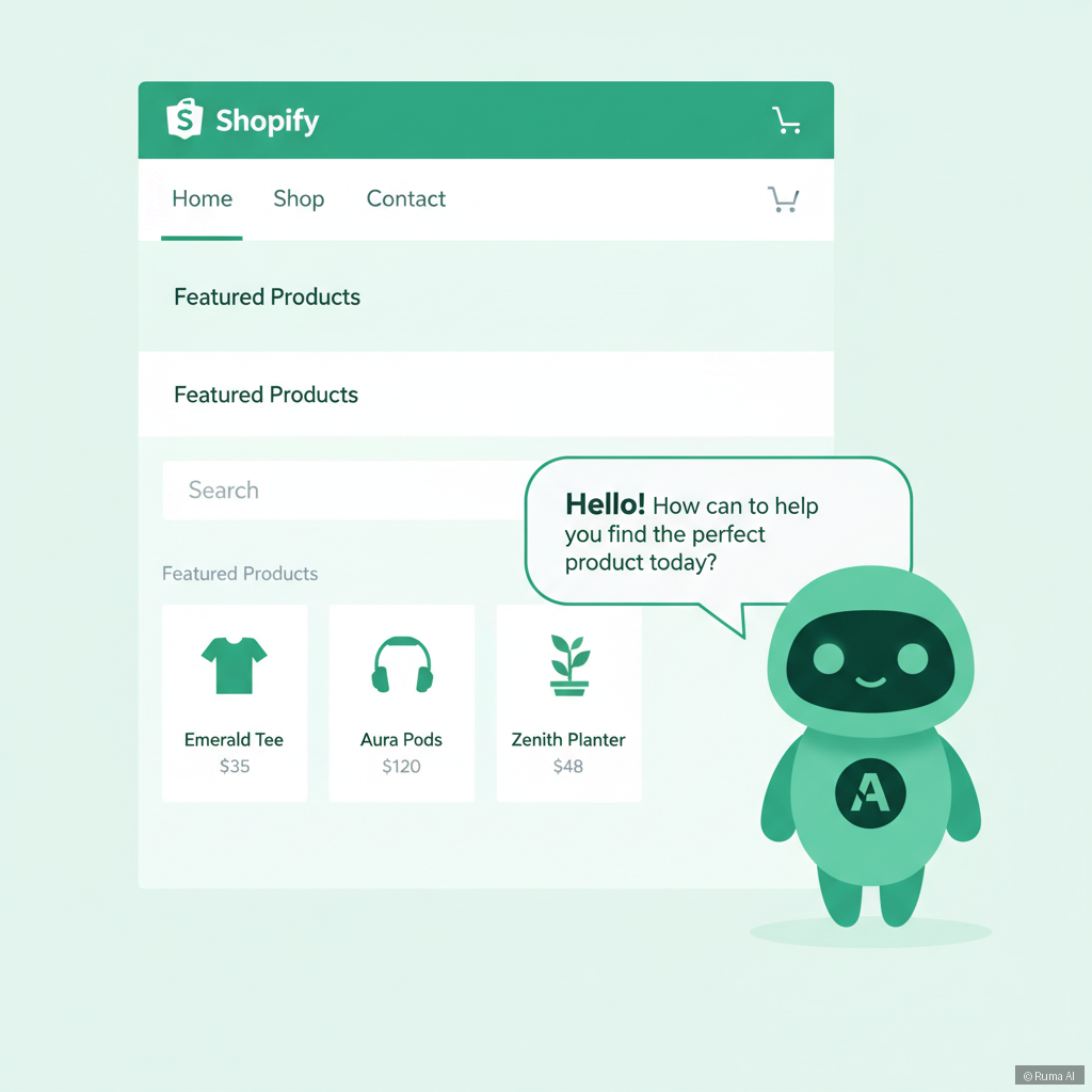flat vector illustration of AI chatbot on Shopify store interface, emerald green and white color palette, clean product cards and chat bubble in foreground